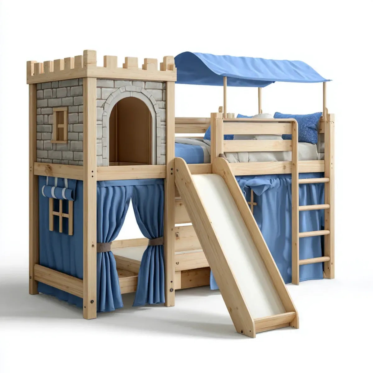 Lit mezzanine enfant avec toboggan château bleu et naturel 210 x 210 x 200 cm en pin massif forme rectangulaire