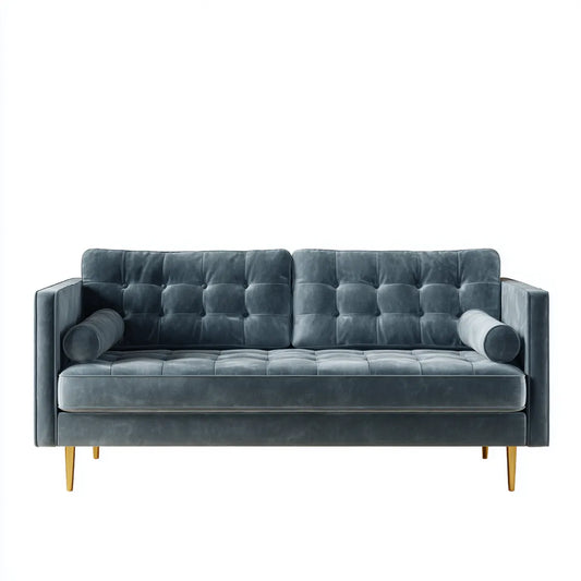 Canapé 2 places gris bleu en velours de polyester capitonné 160 x 84 x 86 cm rectangulaire
