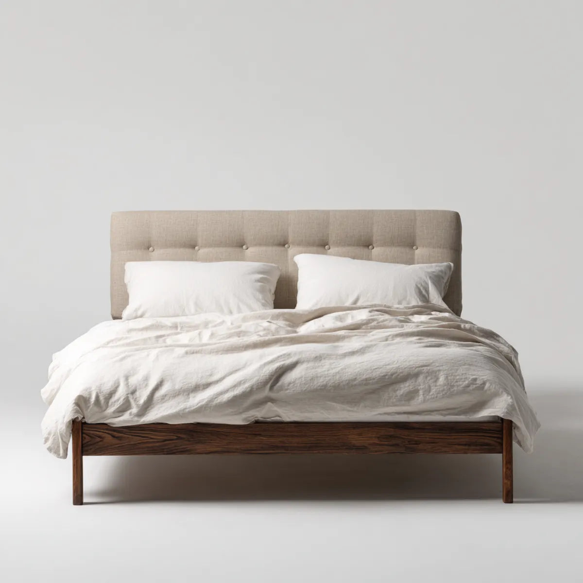 Lit double 160 x 200 cm beige en bois massif avec tête de lit capitonnée rectangulaire