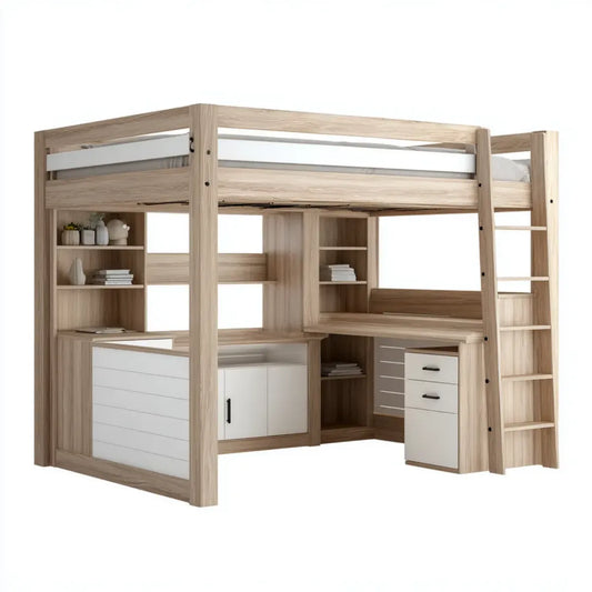 Lit mezzanine enfant avec bureau et rangements chêne clair blanc couchage 90 x 200 cm panneaux de particules rectangulaire