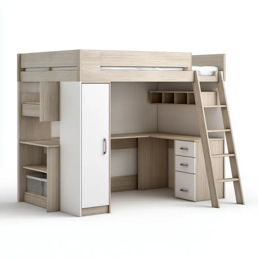 Lit mezzanine enfant avec bureau armoire et rangements chêne clair blanc 90 x 200 cm en panneaux de particules mélaminés