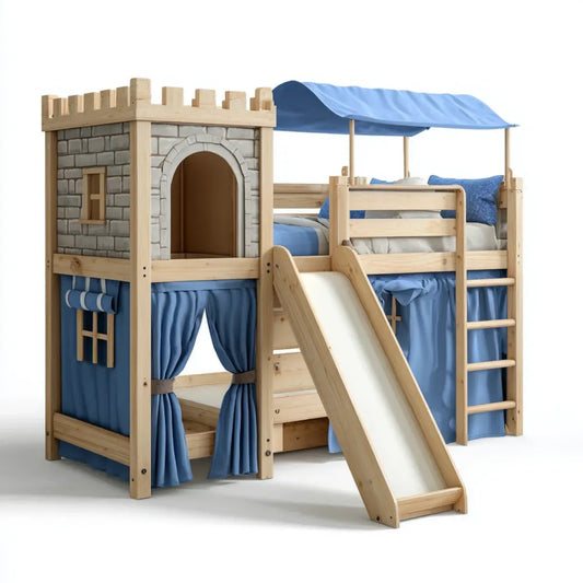 Lit mezzanine enfant avec toboggan château bleu et naturel 210 x 210 x 200 cm en pin massif forme rectangulaire