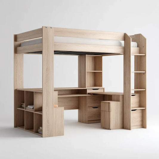 Lit mezzanine enfant avec bureau et rangements chêne clair 90 x 200 cm en panneaux de particules mélaminés
