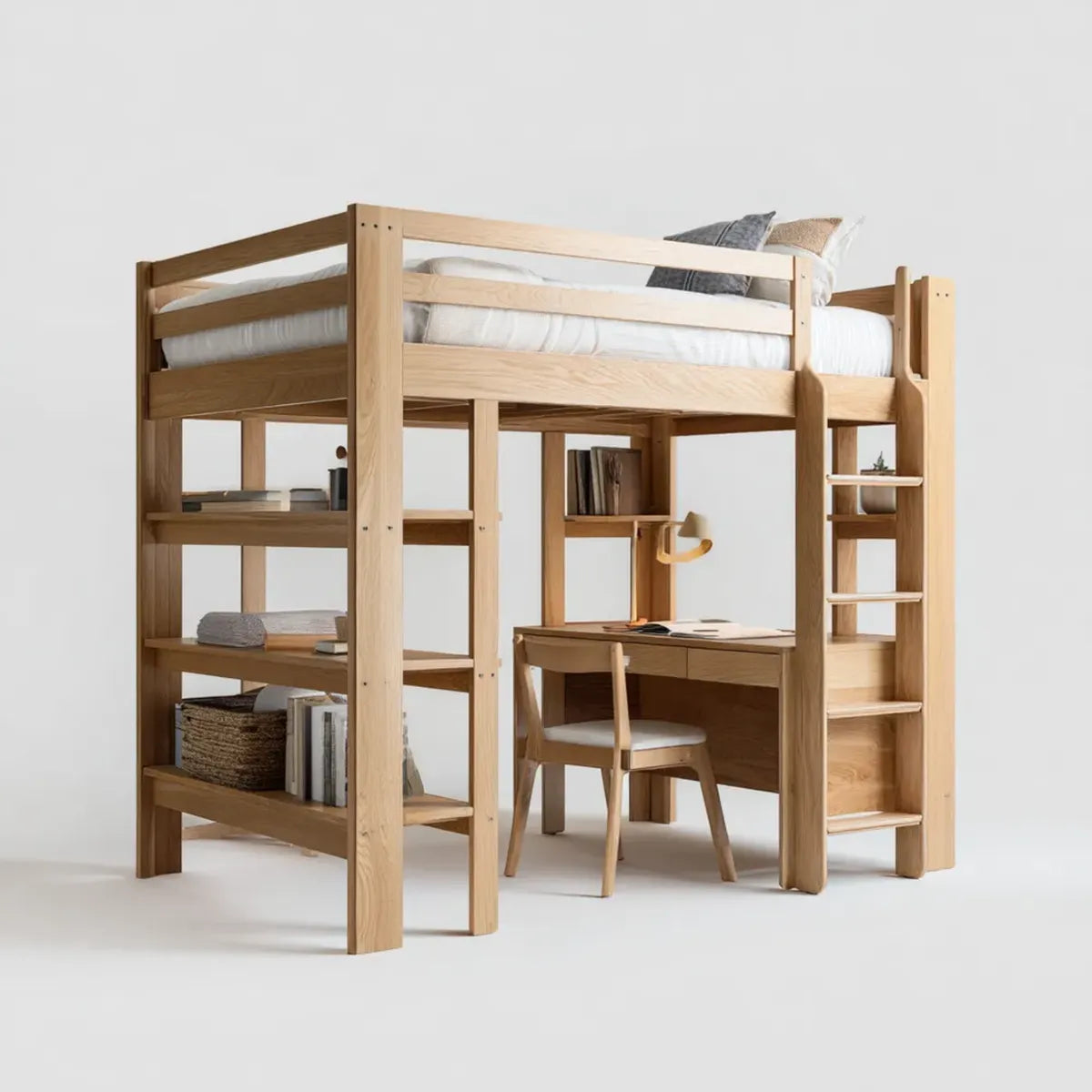 Lit mezzanine enfant avec bureau et étagères en chêne massif naturel 90 x 200 cm