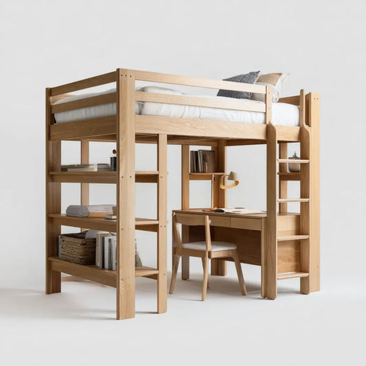 Lit mezzanine enfant avec bureau et étagères en chêne massif naturel 90 x 200 cm