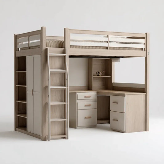 Lit mezzanine enfant avec bureau armoire et rangements chêne clair 90 x 190 cm panneaux de particules rectangulaire 200 x 100 x 180 cm