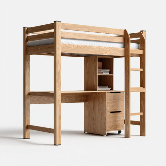 Lit mezzanine enfant avec bureau chêne naturel 90 x 200 cm en chêne massif