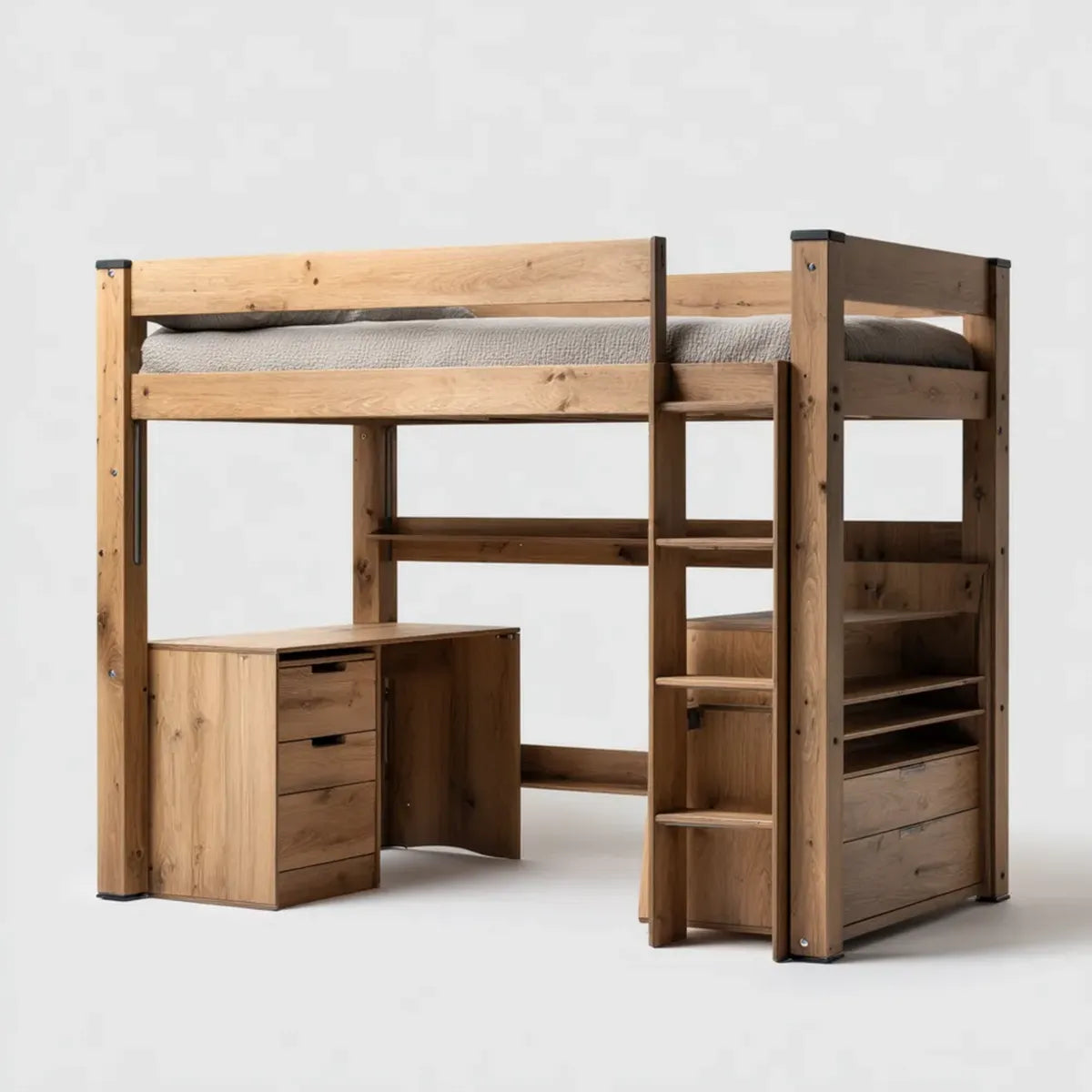 Lit mezzanine enfant avec bureau et rangements en pin massif naturel 90 x 200 cm
