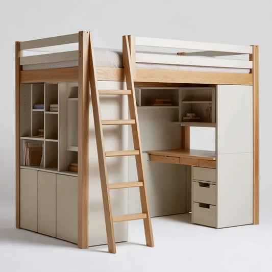 Lit mezzanine enfant rectangulaire 90 x 200 cm avec bureau rangements et échelle blanc naturel en pin massif et MDF