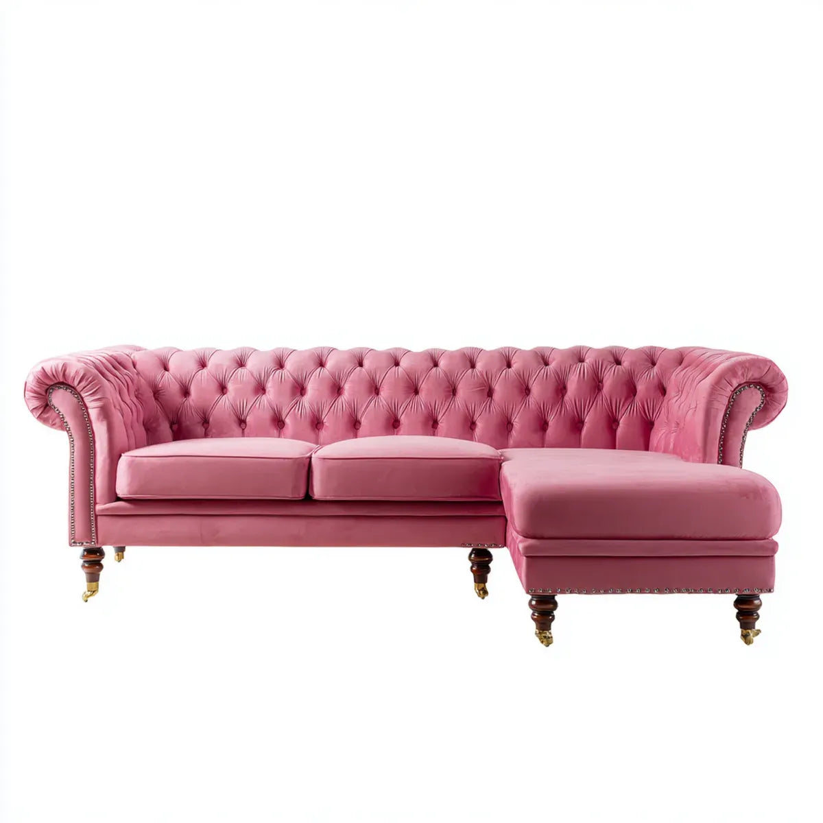 Canapé d'angle Chesterfield 3 places rose en velours de polyester en L 285 x 170 x 78 cm