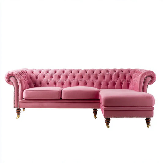 Canapé d'angle Chesterfield 3 places rose en velours de polyester en L 285 x 170 x 78 cm
